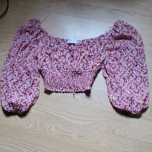 Floral Pink Crop Top Smocked Blouse